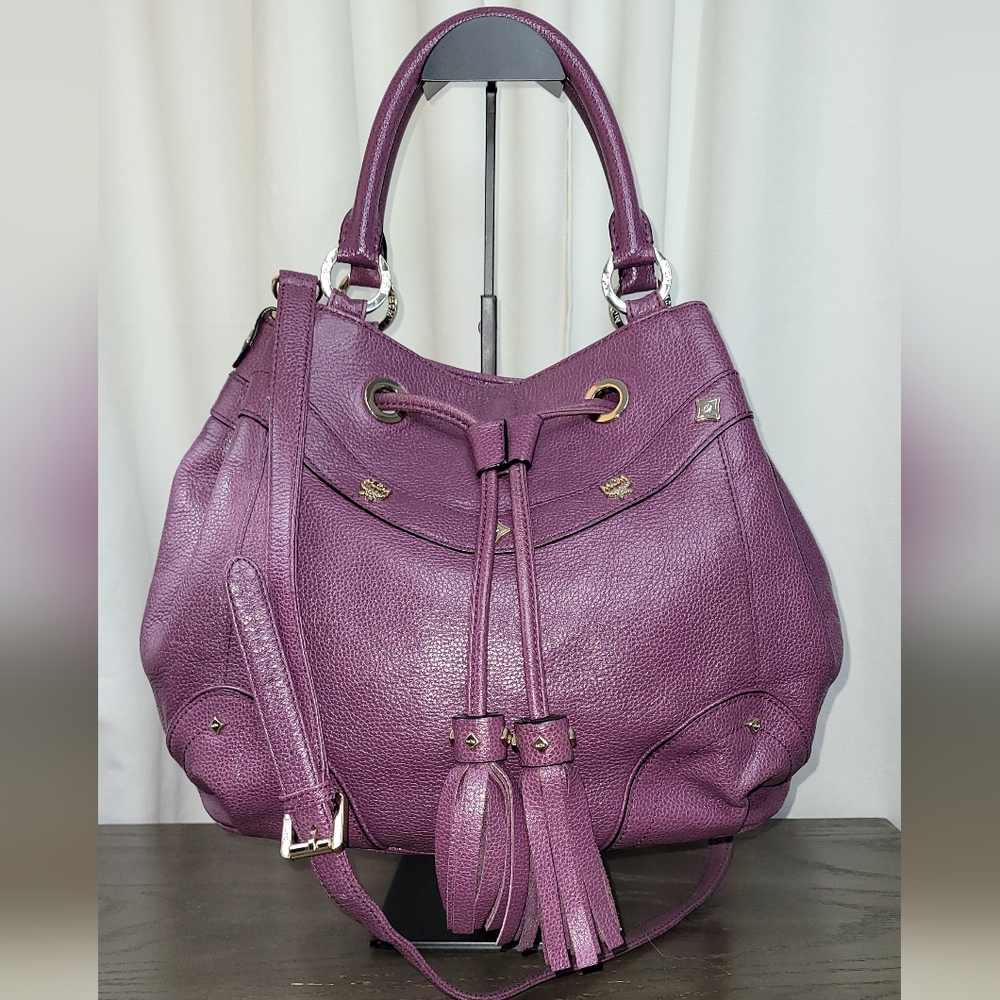 MCM Purple Leather Studded Drawstring Shoulder Bag